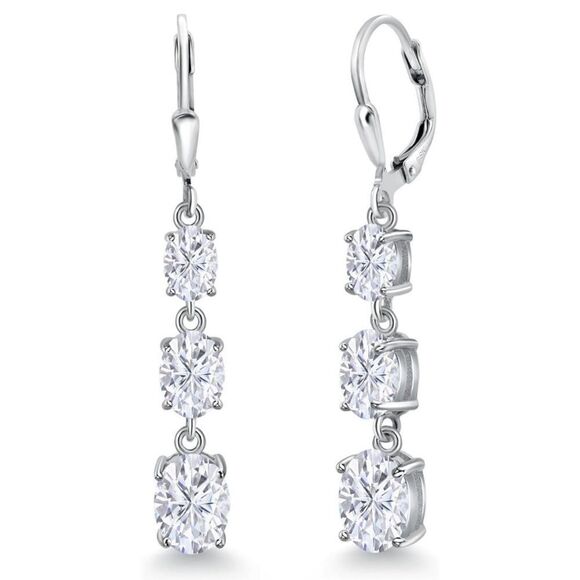 1/2ct 3 Stone Diamond Earrings 14K White Gold 925 Sterling Silver with 5.80 Cttw 3 Stone White Moissanite Leverback Earrings